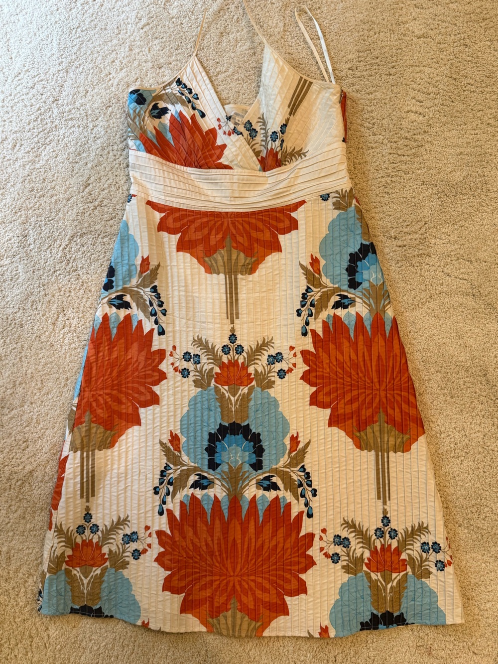 Silk Floral Strappy Floral Midi Dress in Orange, Blue, Cream